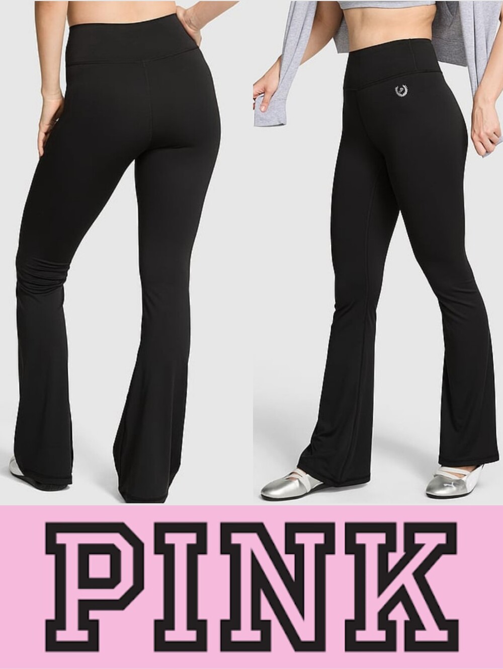 Victoria's Secret PINK Relay Flare  Leggings Sz L Pure Black With Logo